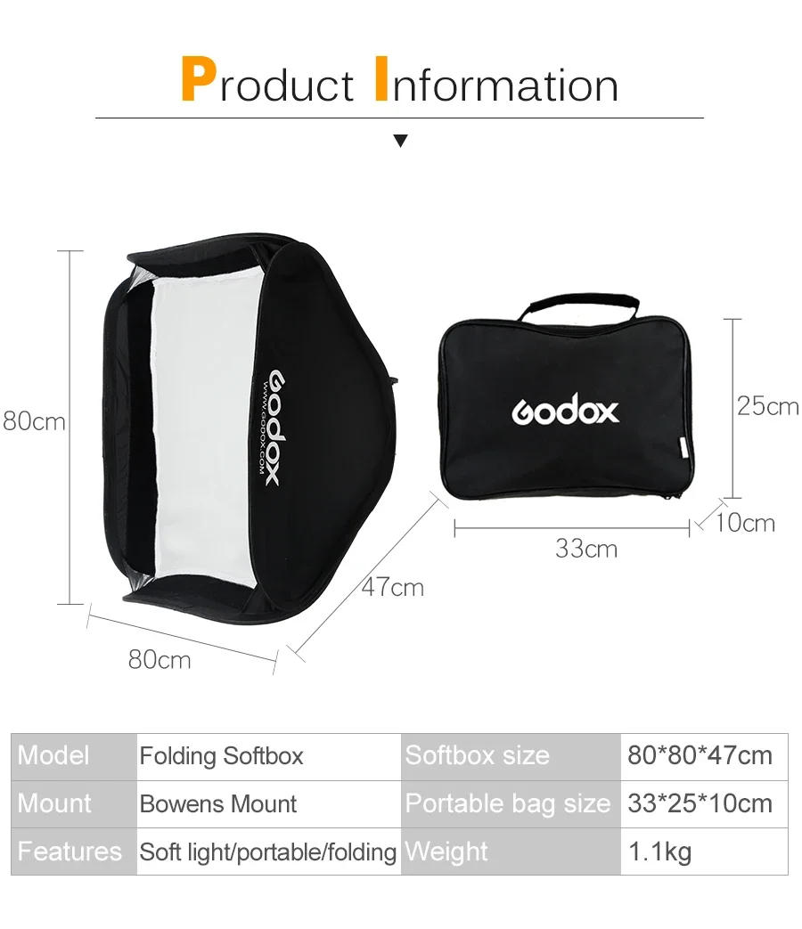 Description Picture 4 of itemGodox 40x40 50x50 60x60 80x80cm Softbox with S1 S-Type Bracket Honeycomb Grid Bowens Mount Flash Bracket Mount Foldable Softbox