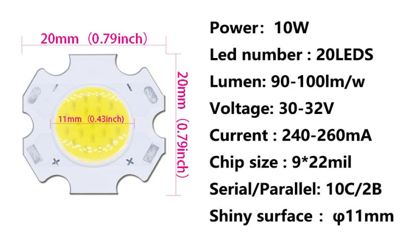 Description Picture 6 of item40pcs a lot 3W 5W 7W 10W 240-260mA LED Source Chip High Power LED COB Side 11mm For Bulb Spotlight Down light Lamps Cool white