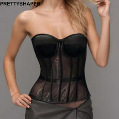 Women Tight Corset Bustier Overbust With Cups Lace Up Boned Double Mesh Push Up Breast Transparent Shaping Tops For Wedding