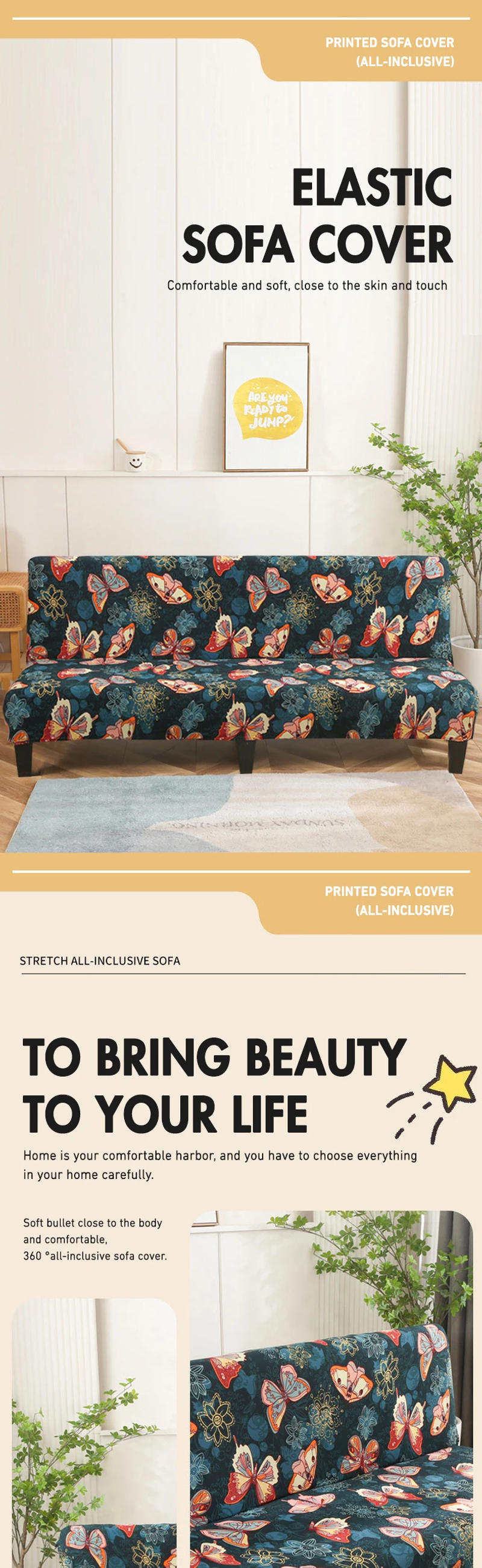 Description Picture 2 of itemLANMOLIFE Armless Futon Slipcovers Stretch Folding Sofa Bed Cover with Elastic Bottom, Printed Fitted Couch Cover