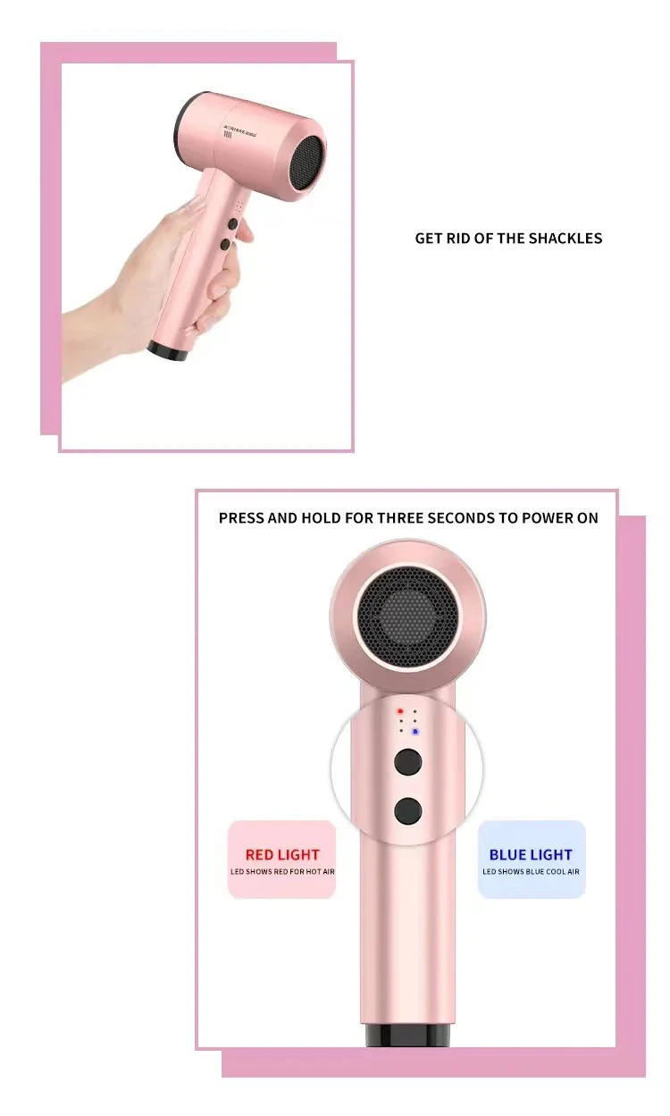Description Picture 5 of itemPowerful Portable Wireless Rechargeable Hair Dryer With Cold And Hot Air Lithium Battery Cordless 300W Outdoor Travel Blow Dryer