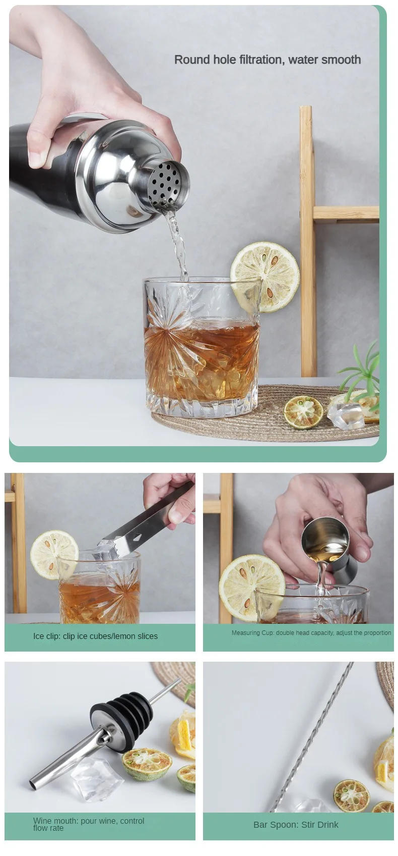 Description Picture 3 of itemStainless Steel Cocktail Shaker Bartender kit Bar Jigger Double Spirit Measuring Cups Spoon Bottle Pourer Bar ware Kitchen Tools