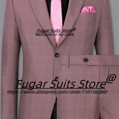 Handsome Pink Plaid Men Suits Custome Made High Qubility Best Man Wedding Tuxedos 3 Pcs Sets Business Male Blazer Costume Homme