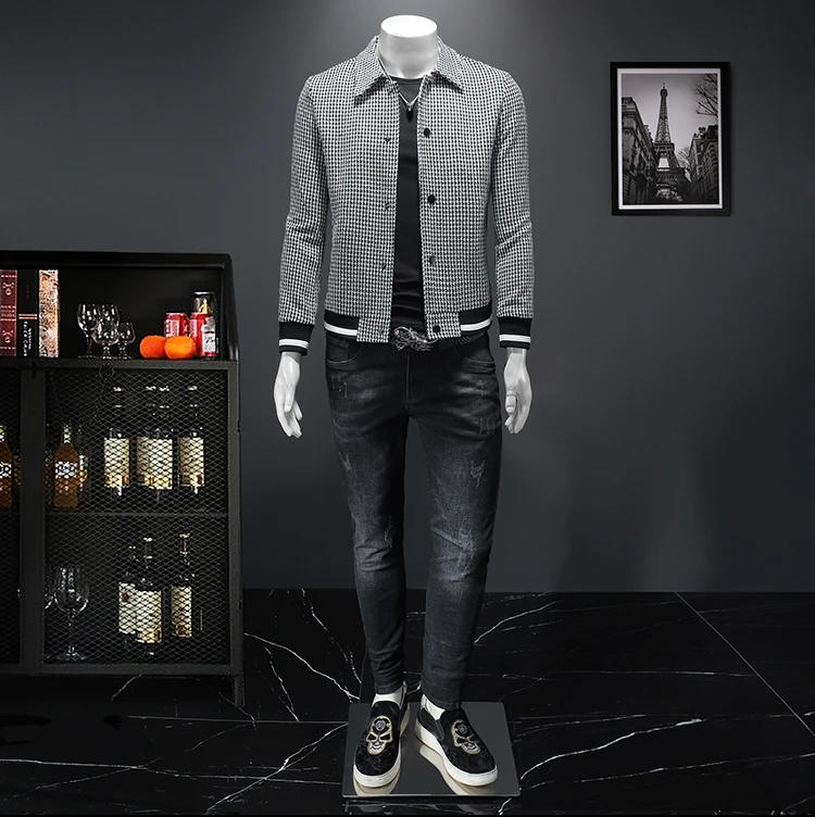 Description Picture 3 of itemKorean Fashion Jacket Men's Spring New High Quality Flip Collar Thousand Bird Checker Jacket Men's Fashion Coat M-4XL