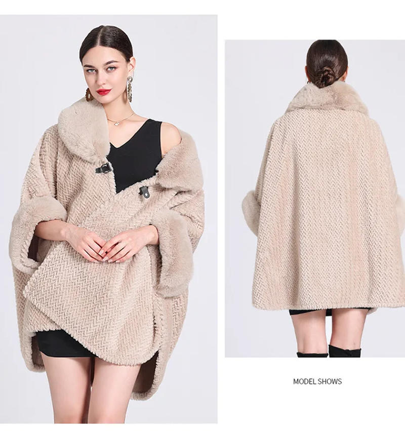 Description Picture 4 of itemWinter Women Loose Poncho Cape Thicken Velvet Warm Batwing Sleeves Long Cloak Semicircle Faux Fur Neck Outstreet Wear Overcoat