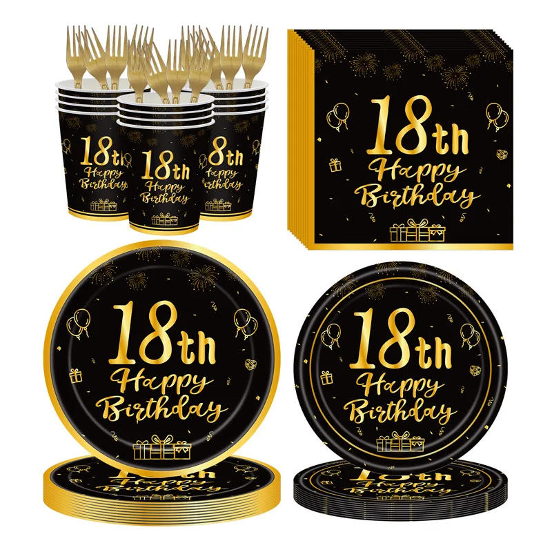 Description Picture 2 of item8Guests 18 Years Old Birthday Disposable Tableware Sets Black Golden 18th Paper Plate Napkin Cup Happy 18th Birthday Party Decor