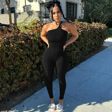 Dulzura Black Sleeveless One Shoulder Ribbed Jumpsuit Women Bodycon Sexy Streetwear Outfits Club Fall Winter Wholesale Rompers
