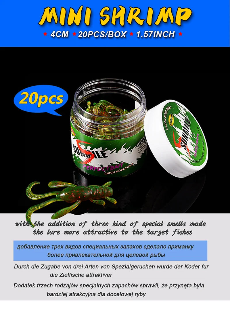 Description Picture 2 of itemSUNMILE Fishing Soft Bait Worm Artificial Baits 4cm/1g 20pcs Rock Fishing Shrimp baits Souple Lure Perch Trout Bass Lures