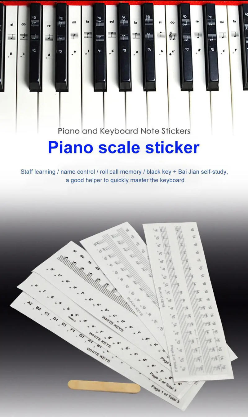 Description Picture 3 of item88-key 61-key 54-key Piano Keyboard Sticker Staff Sheet Music Entry Notation Piano Button Film White Key + Black Key 22*8*2