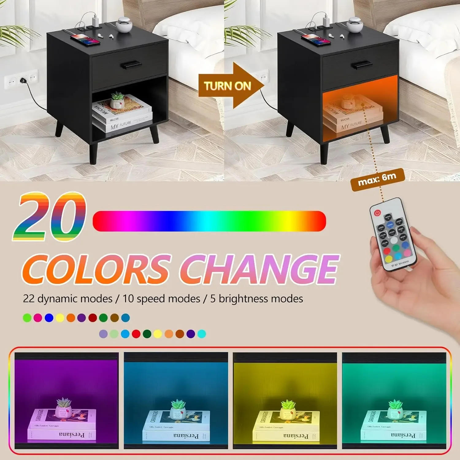 Description Picture 3 of itemNightstands Set of 2, Nightstand with Charging Station & LED Light, Night Stands with Drawer for Bedroom