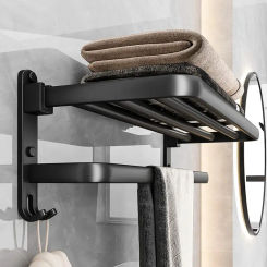 Black Towel Rack without Drilling Self-Adhesive Bathroom Towel Rail Shelf Wall Mount Aluminum Alloy Tower Bar Hanger with Hook