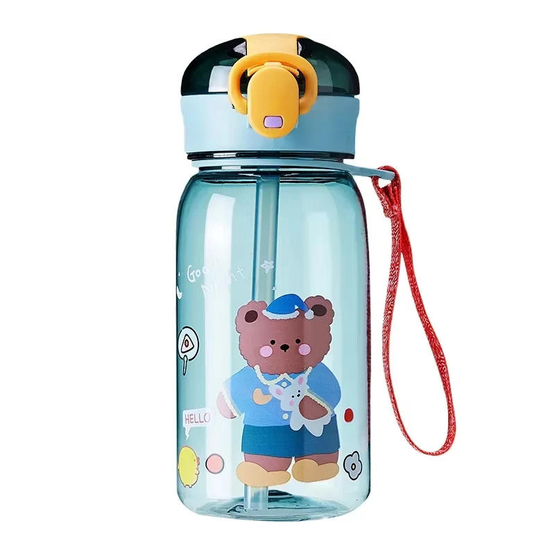 Description Picture 2 of itemCartoon teddy bear children's plastic cup, portable for school, outdoor, with rope, one click open cover, summer straw water cup