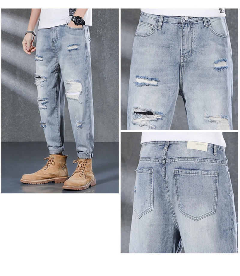 Description Picture 4 of itemRipped Jeans Men Light Blue Cotton Harem Pants Men's Cropped Trousers Ankle-Length Distressed Frayed Hip Hop Jeans Loose Fit
