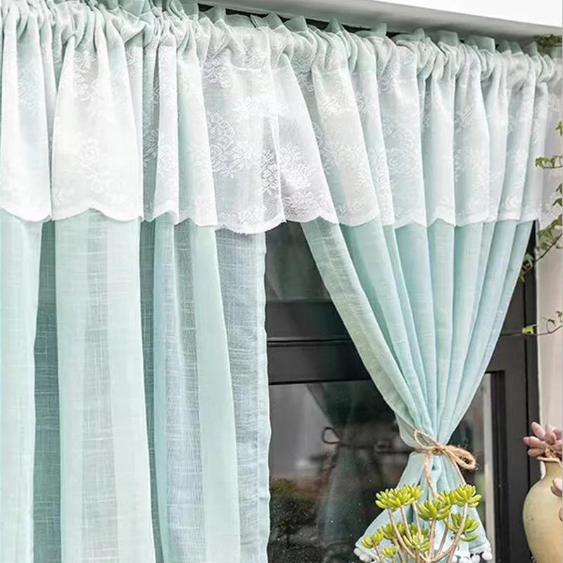 Description Picture 2 of itemKorean Style Fresh Blue Sheer Lace Short Curtains Valance Tier For Kitchen Cafe Farmhouse Pom Pom Balcony Window Drapes