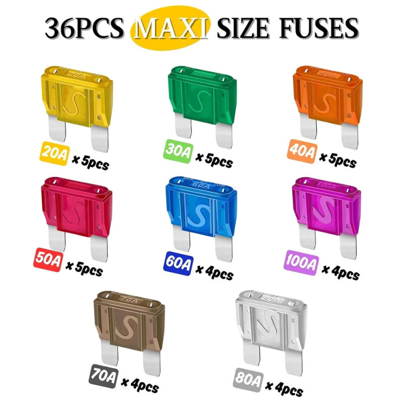 Description Picture 3 of item36pcs Maxi Blade Fuse Assortment Kit , 20A 30A 40A 50A 60A 70A 80A 100A  32V Large Blade Style Fuse For Motorcycle/Boat/Truck
