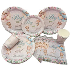 Bear Theme Boys and Girls Happy Birthday Disposable Tableware Gender Revealing Party Baby Shower Table Decoration Supplies