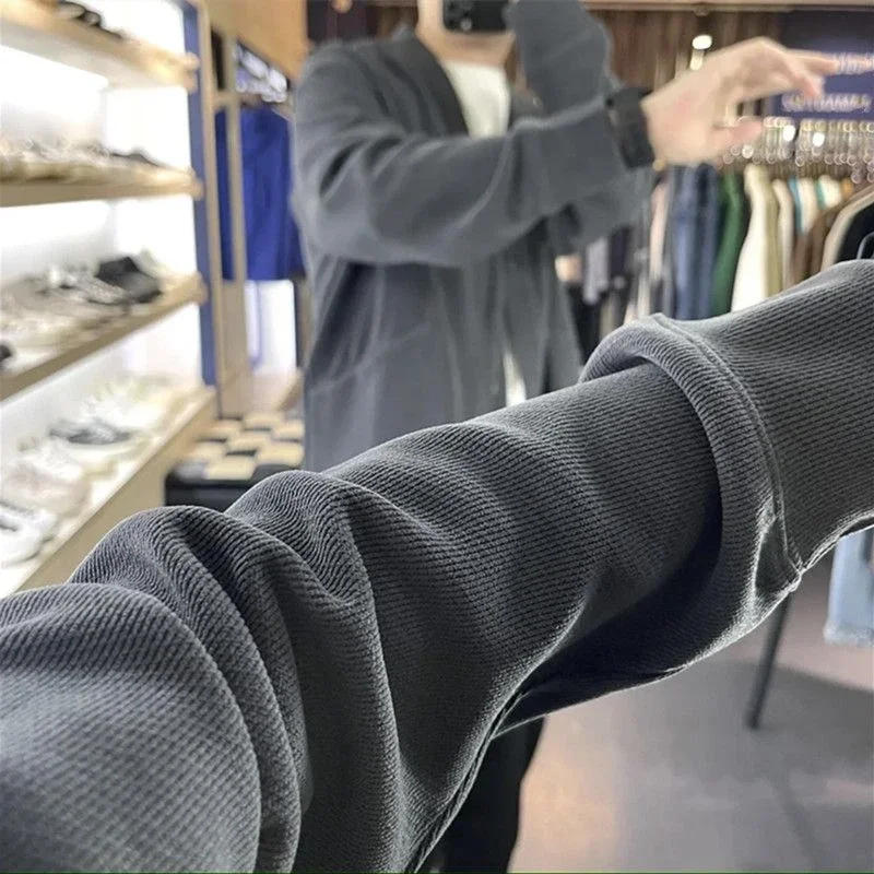 Description Picture 4 of itemNo Hoodie Black V Neck Men's Clothing Cardigan Knit Sweater Male Loose Fit Free Shipping Y2k Vintage Korean Style New in Overfit