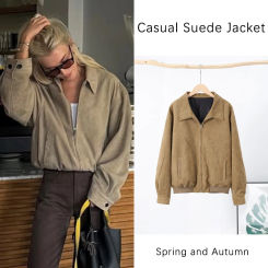 Vintage Women's Suede Short Coat Loose Zipper Lapel Long Sleeve Pocket Khaki Jacket Female 2025 Spring Autumn New in Outwears