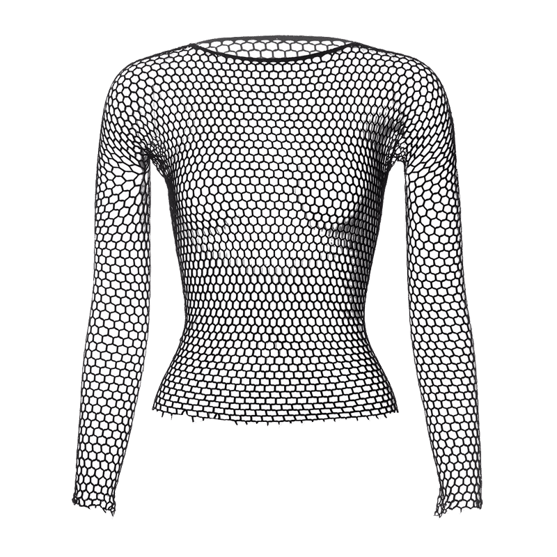 Description Picture 2 of itemWomen Fishnet Mesh See-through Black Shirts Female Harajuku Sexy Long Sleeve Tee Crochet Tops Fashion Bodystocking