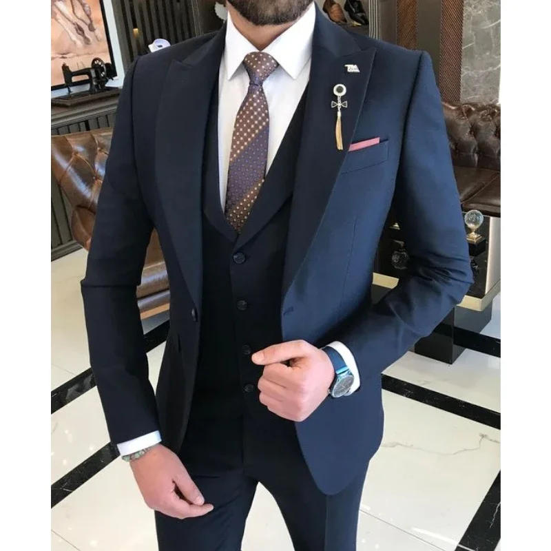 Description Picture 2 of itemNavy Slim Fit Italian Cut Mens Suits Tailor Made 3 Pieces (Jacket+Vest+Pant) Formal Business Office Wear Wedding Tuxedos Blazer