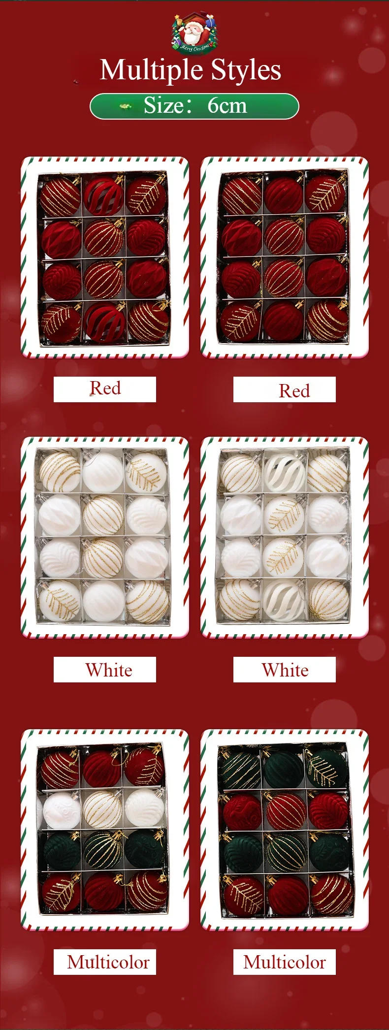 Description Picture 3 of item6/12pcs 6cm Wine Red Christmas Ball Ornaments Dark Green White Christmas Tree Party Decoration New Christmas Spheres Pendant