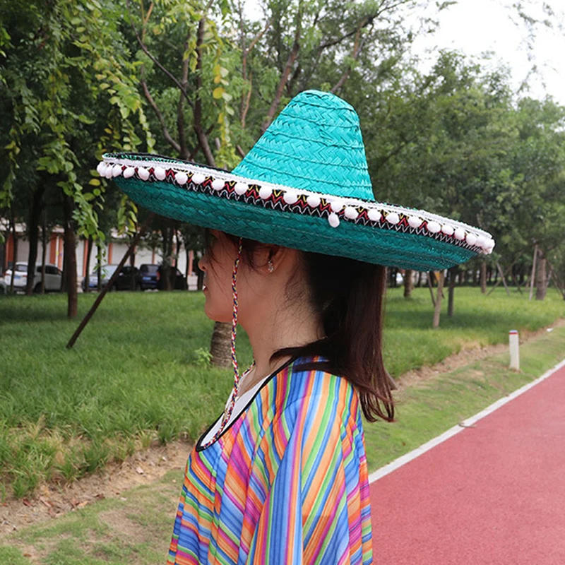 Description Picture 6 of itemMexican Party Hat Men Women Wide Brim Straw Hats Kids Adult Outdoor Decorative Colorful Edges Hats Creative Fashion Sombrero