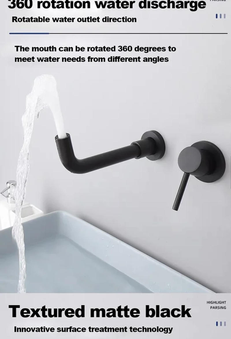 Description Picture 6 of itemSingle handle cold and hot dual-control basin Tap Modern wall-mounted black brass bathroom faucet with concealed design 2-hole