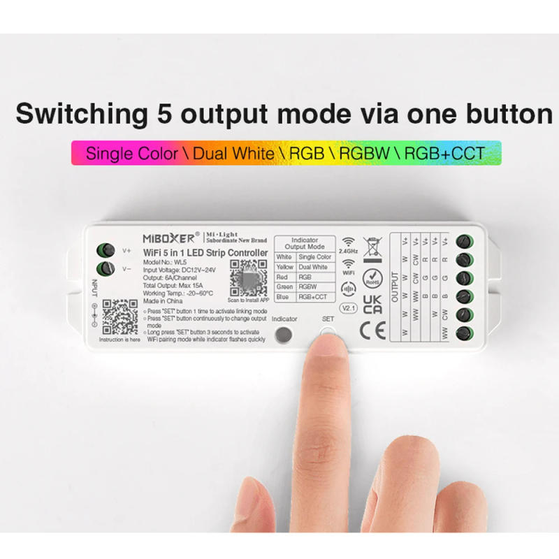 Description Picture 6 of itemMiboxer WL5 Single color/Dual white/RGB/RGBW/RGB+CCT Wifi 5 in 1 LED Strip tape Controller 12V 24V Tuya App,2.4G Remote control