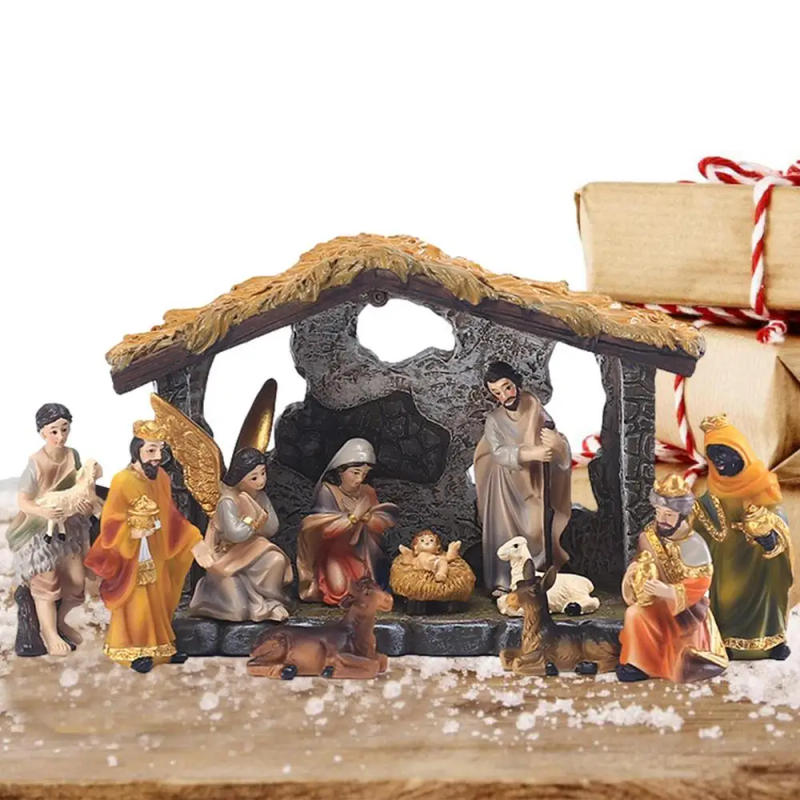 Description Picture 2 of item12pcs Set Christmas Manger Nativity Set Real Life Nativity Jesus Manger Christmas Crib Ornament Holy Family Crafts Statue Decor