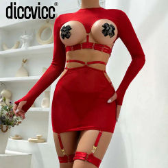 Diccvicc Long Sleeve Lingerie Sexy Sheer Mesh Porn Top Crotchless Skirt Naked Bandage Women Underwear Uncensored Erotic Costume