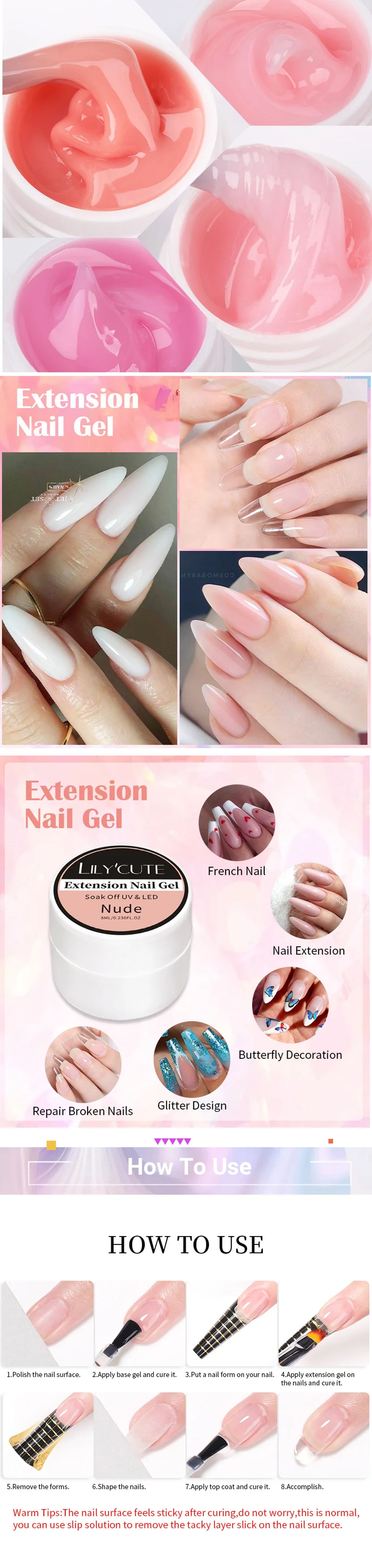 Description Picture 3 of itemLILYCUTE Extension Nail Gel Nude White Clear For French Finger Extensions Semi Permanent Quick Extension Gel Nail Art Tool
