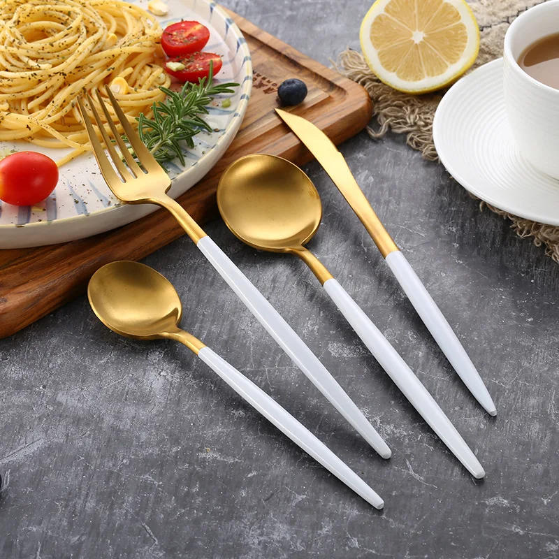 Description Picture 6 of itemMatte White Gold 18/10 Stainless Steel Cutlery Set Dinner Knife Coffee Spoon Fork Chopsticks Flatware Set Dishwasher Safe
