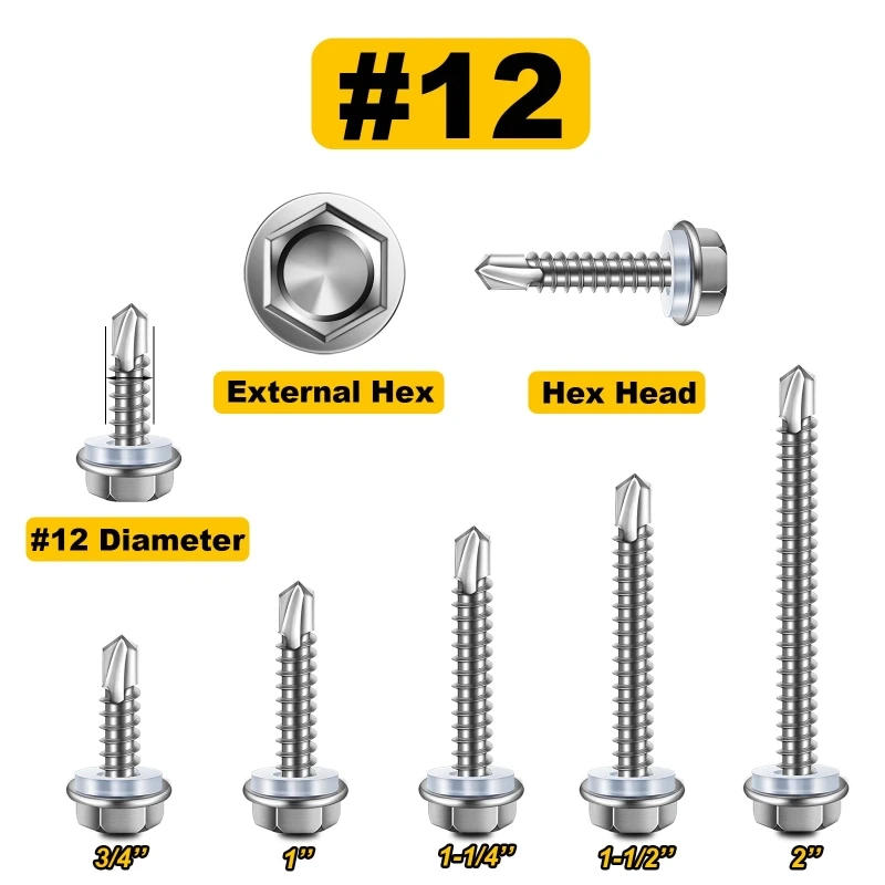 Description Picture 3 of item20PCS 410 #8 #10 #12 Stainless Steel Self Tapping Screws for Metal  Hex Head Self Drilling Screws Rust Proof Wood Screws Assor