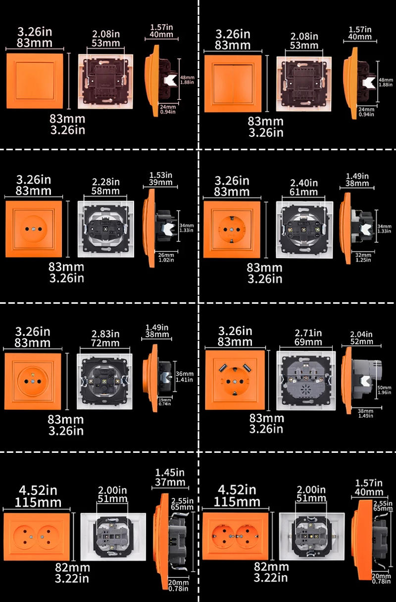 Description Picture 2 of itemOrange Classic Electrical Outlets Power Sockets EU Standard AC 250V Paint Plastic Wall Embedded With Ground Plugs Socket Socket