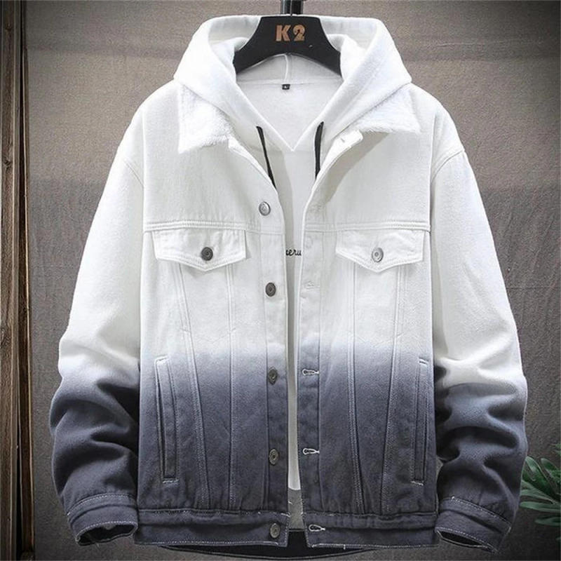 Description Picture 2 of itemSpring Mens Denim Jackets Trendy Thick Slim Bomber Gradient Denim Outerwear Male Warm Cowboy Jeans Coats Clothing Plus Velvet