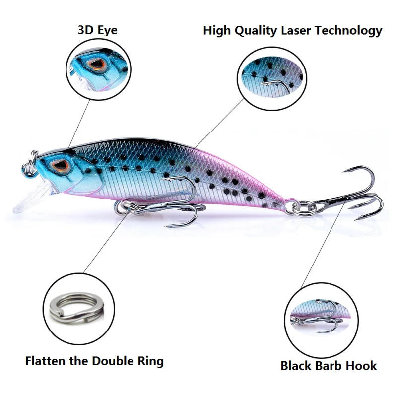 Description Picture 3 of item1Pcs Colorful Fishing Lure 5g/5cm Sinking Minnow 3D Eyes Laser Trolling Plastic Buzz Bait Lure With 2 Treble Hook Pesca