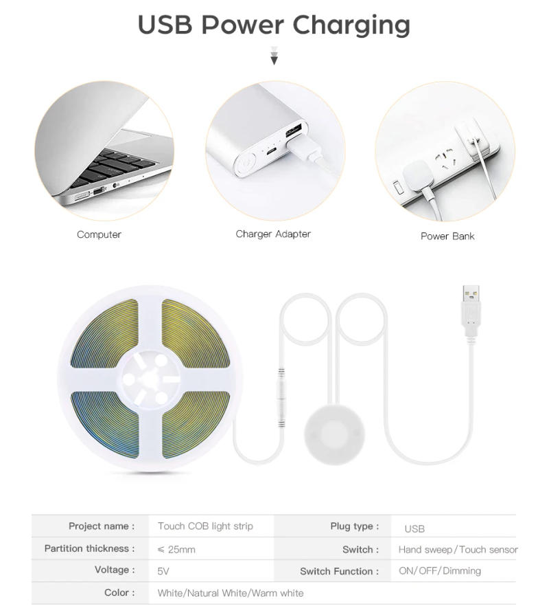 Description Picture 3 of itemDimmable USB Led COB Strip 5V LED Under Cabinet Light Penetrable Wood Mirror Hand Scan Touch Sensor Switch DIY Kitchen Lighting