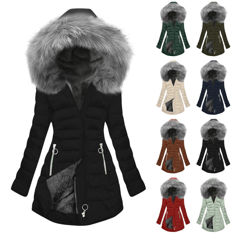 Description Picture 2 of itemWomens Furry Lined Hooded Down Coats Plus Size Mid Length Quilted Jacket Warm Winter Outerwear Streetwear Windproof Plush Jacket