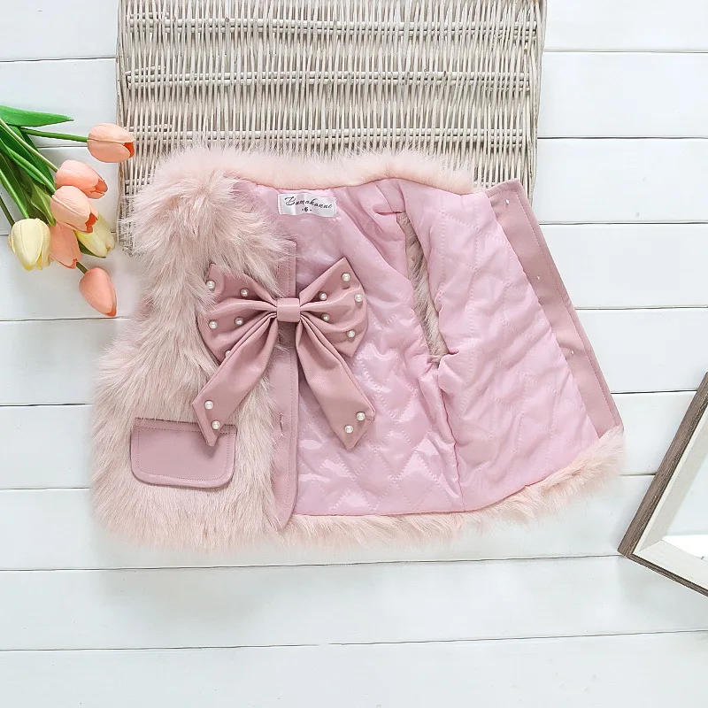 Description Picture 4 of itemBaby Girl'S Autumn And Winter New Warm Jacket Sleeveless Nail Bead Large Bow Furry Vest Suitable For 0-3 Years Old