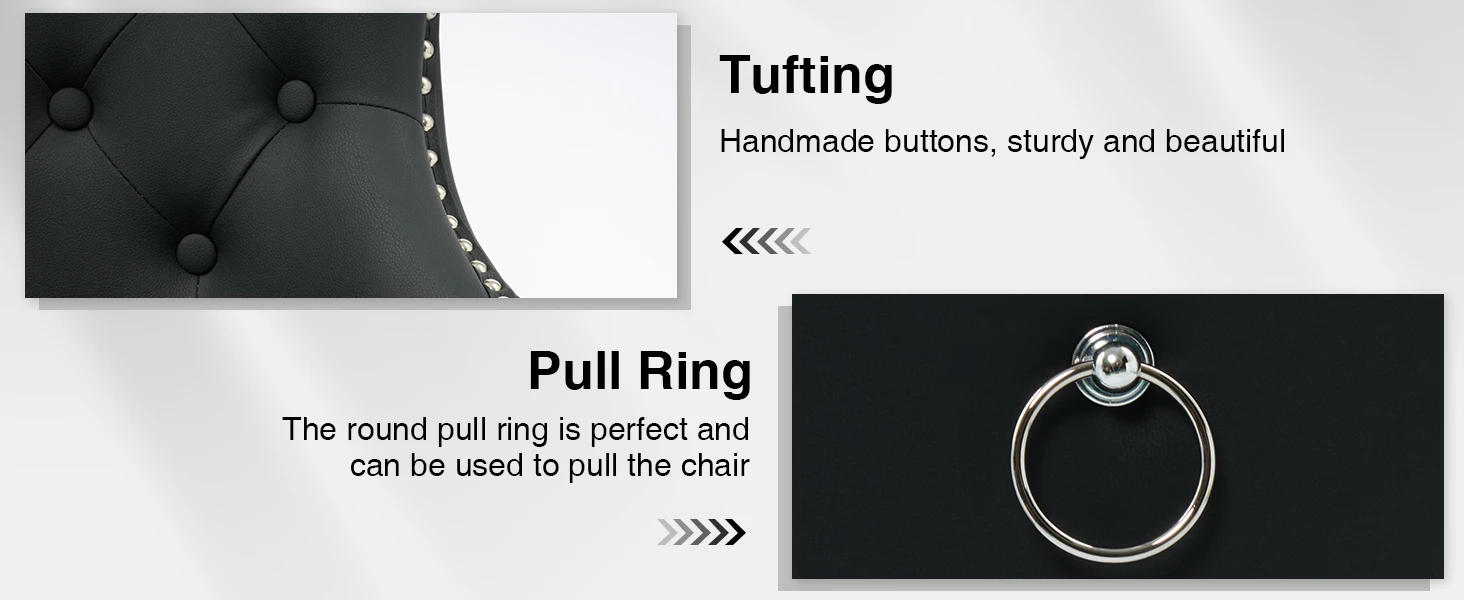 Description Picture 5 of itemLeather Dining Chairs Set of 2, Tufted Upholstered Dining Room Chair with Pull Ring and Solid Wood Legs, Black