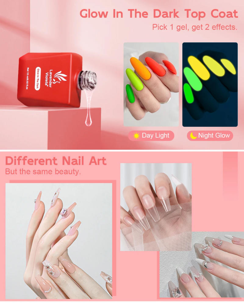 Description Picture 3 of item2pcs 15ml Builder Base Gel & Glow in the Dark Top Coat, Luminous Effect Soak Off Function Gel Nail Polish for Nail Art Manicure