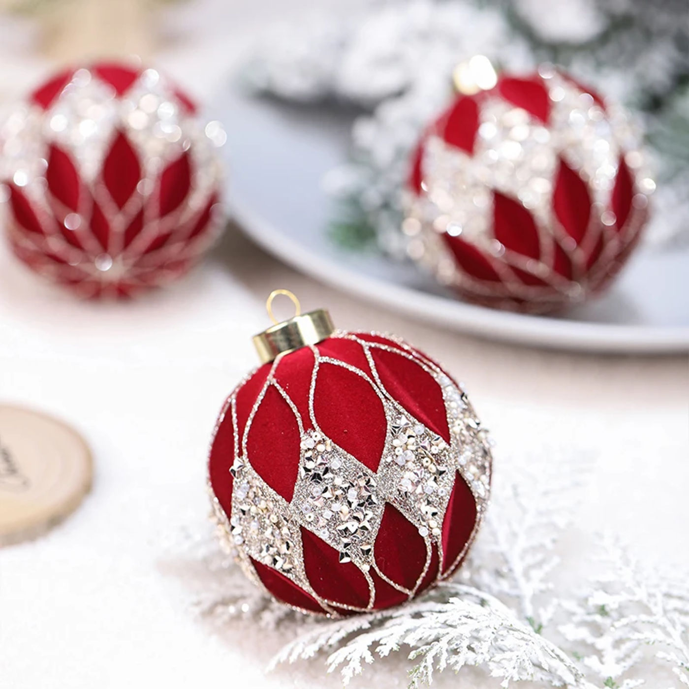 Description Picture 5 of itemwine red Flocked Christmas Balls Set Christmas Tree Ornaments Decoration Xmas Tree Hanging for Indoor Outdoor Holiday Party