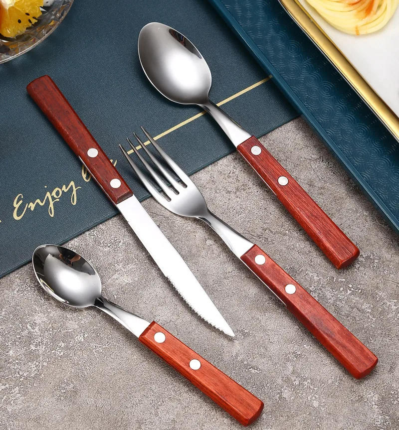 Description Picture 6 of itemWood Handle Dinnerware Set Stainless Steel Knife Fork Spoon Teaspoon with Rivet Flatware Cutlery Set Tableware Utensils for Kitc