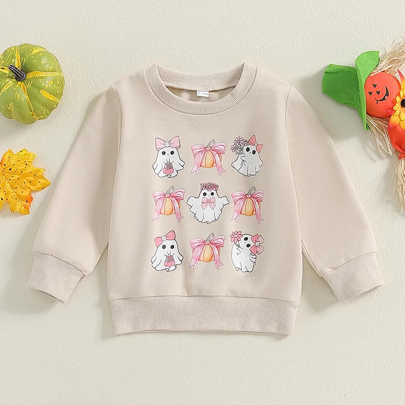 Description Picture 2 of itemToddler Girls Sweatshirts Classic Bow Ghost Print Long Sleeve Round Neck Pullovers Spring Fall Tops