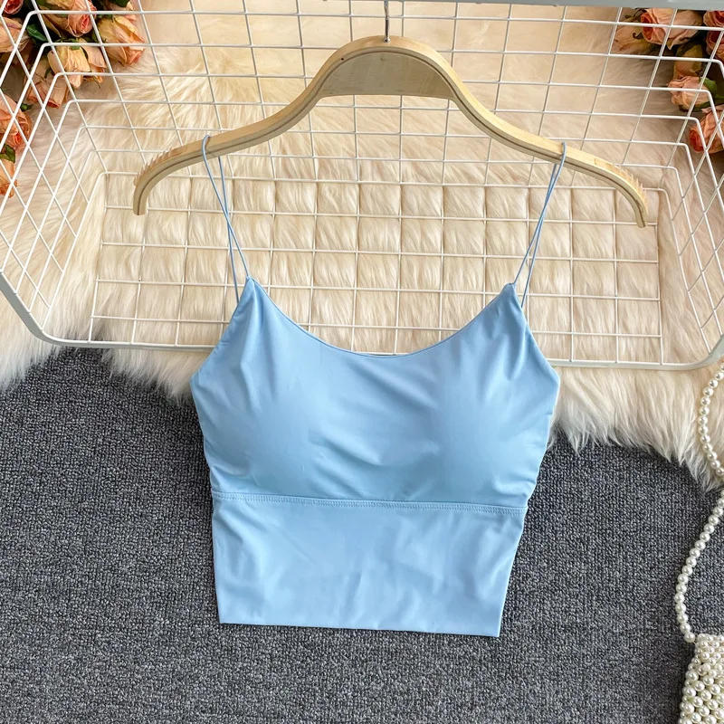 Description Picture 6 of itemSummer Bra Ice Silk Crop Tops Sports Spaghetti Strap Vest Top Women Sexy Built In Bra Off Shoulder Sleeveless Camisole Underwear