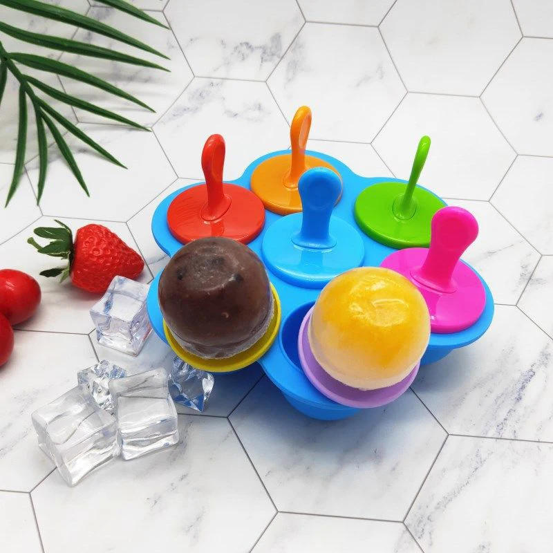Description Picture 6 of item7 Holes DIY Ice Cream Pops Silicone Mold Ice Cream Ball Maker Popsicles Molds Baby Fruit Shake Home Kitchen Accessories Tool