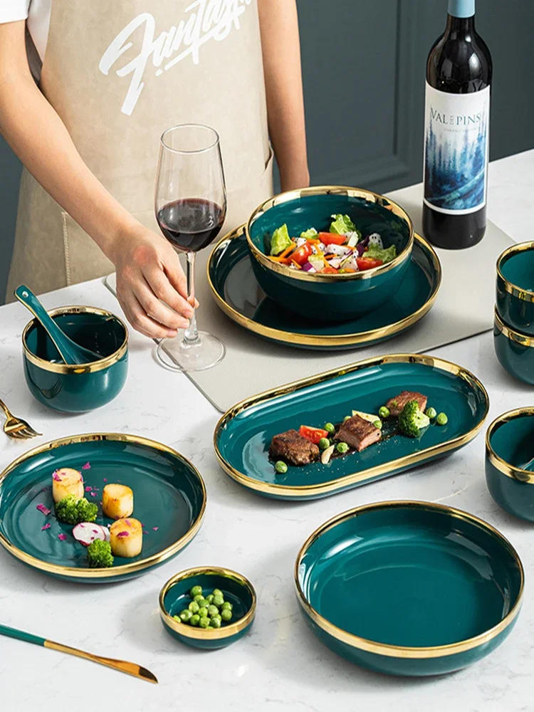 Description Picture 5 of itemCeramic Dinner Plates Dinnerware Set Dishes Luxury Green Food Dessert Plate Salad Soup Bowl Tableware Set for Restaurant Hotel