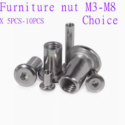 Furniture nut M3 M4 M5 M6 M8 304 Stainless Steel  Large Flat Hex Socket  Rivet Connector Insert Joint Sleeve Nut 5pcs-10PCS