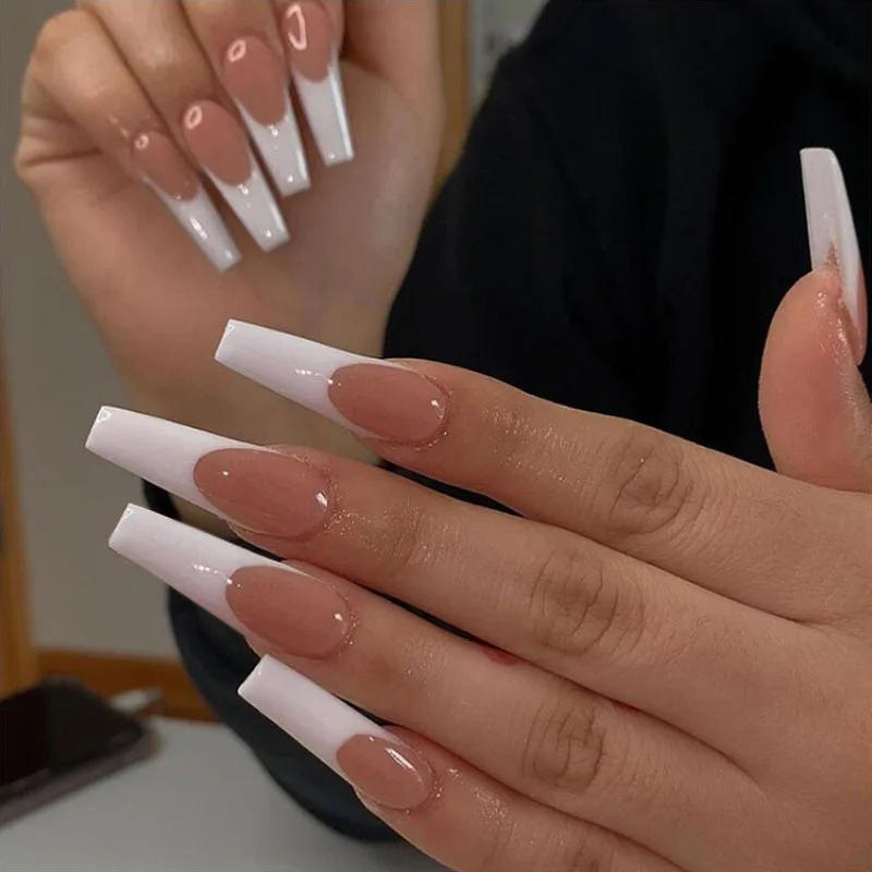 Description Picture 2 of item24Pcs Simple White French Press on Nails with Glue Long Ballet False Nails Wearable Coffin Fake Nails Full Cover Nail Tips