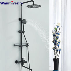 Round Black Bathroom Shower Faucet Set Wall Mounted Shower column 25cm Long Spout Bath Tub Taps Rainfall Shower Mixer Crane